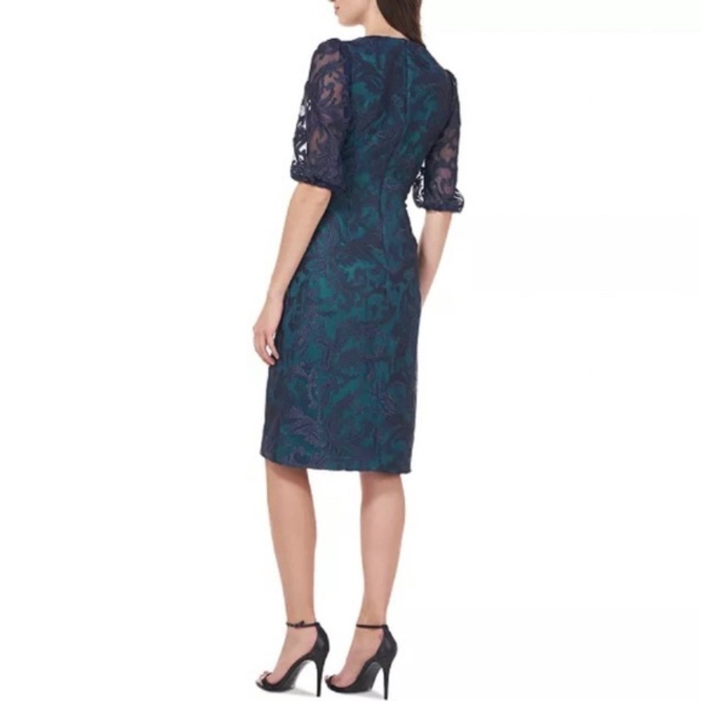 JS Collections Embroidered Sheath Dress in Navy Blue/Kelly Green - Picture 2 of 14